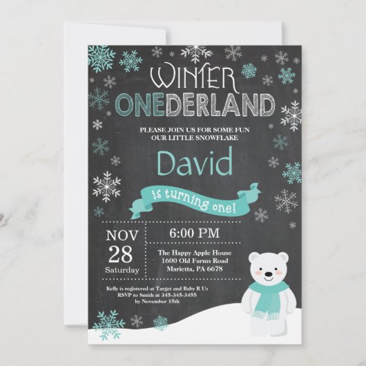 Winter Onederland 1e verjaardag uitnodiging (Voorkant)