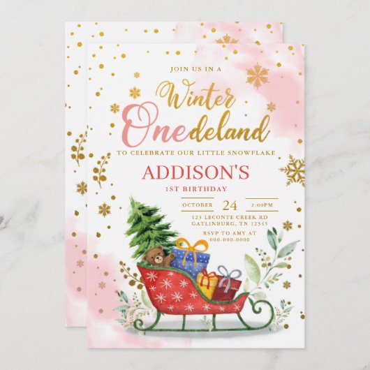 Winter Onederland 1e verjaardag uitnodiging (Voorkant / Achterkant)