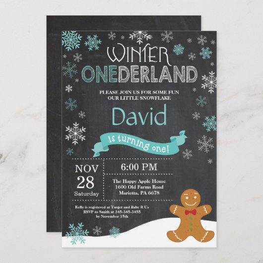 Winter Onederland 1e verjaardag uitnodiging (Voorkant / Achterkant)