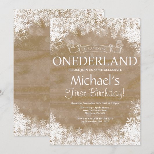 Winter Onederland 1e verjaardag uitnodiging (Voorkant / Achterkant)