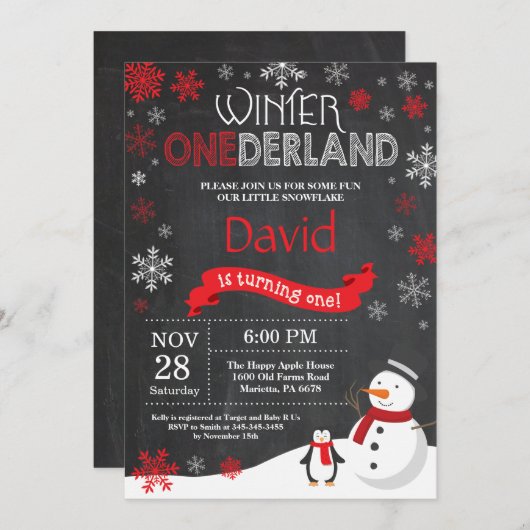 Winter Onederland 1e verjaardag uitnodiging (Voorkant / Achterkant)