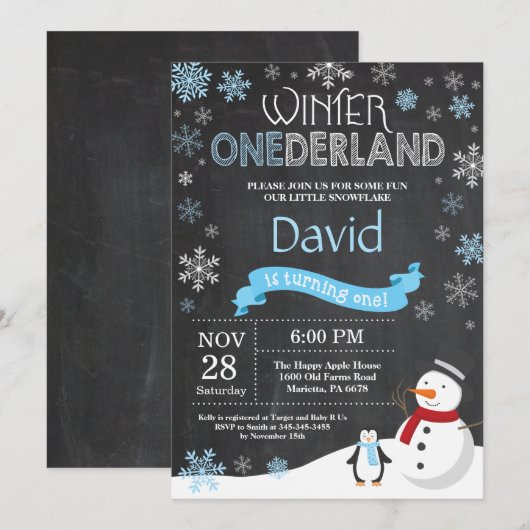 Winter Onederland 1e verjaardag uitnodiging (Voorkant / Achterkant)