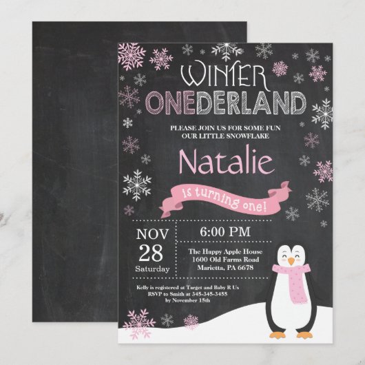 Winter Onederland 1e verjaardag uitnodiging (Voorkant / Achterkant)