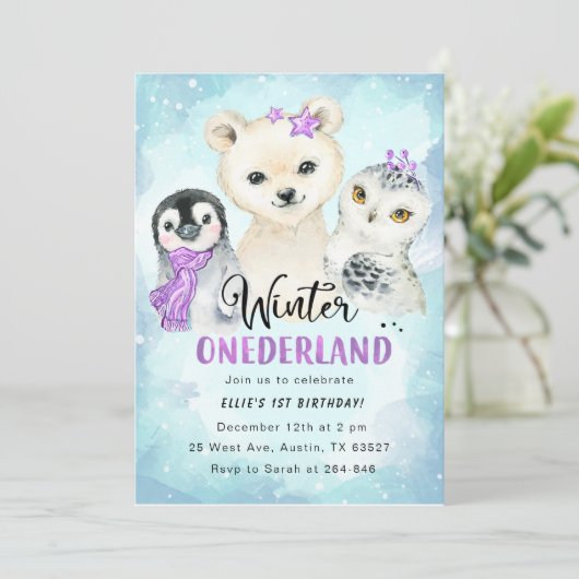 Winter Onederland 1e verjaardag uitnodiging (Staand voorkant)