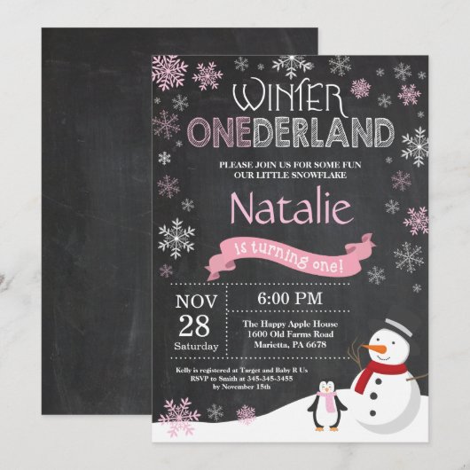 Winter Onederland 1e verjaardag uitnodiging (Voorkant / Achterkant)