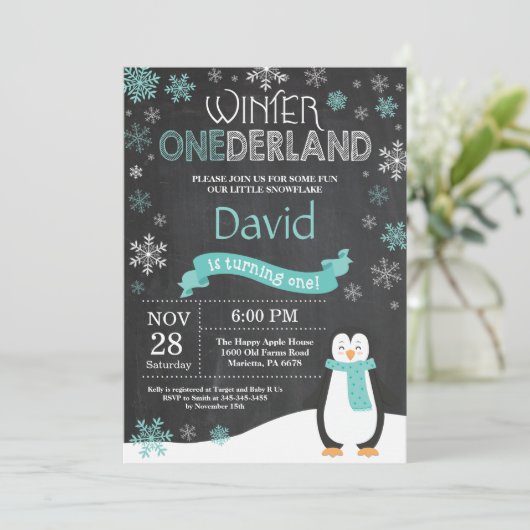Winter Onederland 1e verjaardag uitnodiging (Staand voorkant)