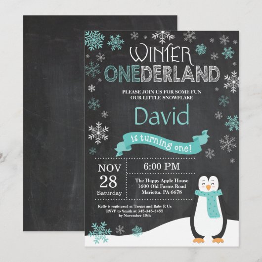 Winter Onederland 1e verjaardag uitnodiging (Voorkant / Achterkant)