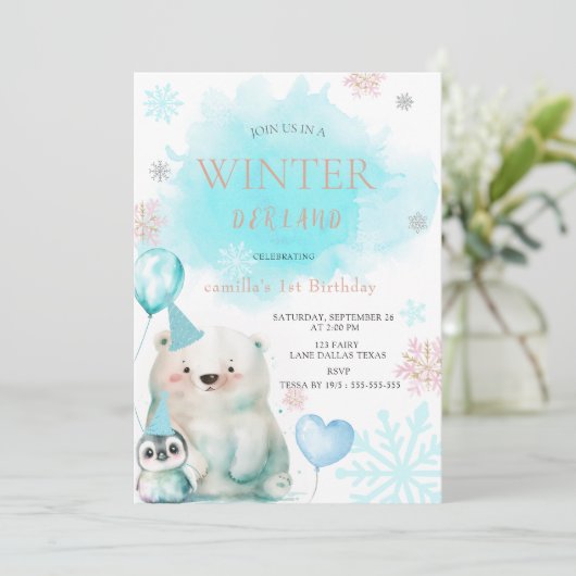 Winter Onederland 1e verjaardag uitnodiging (Staand voorkant)