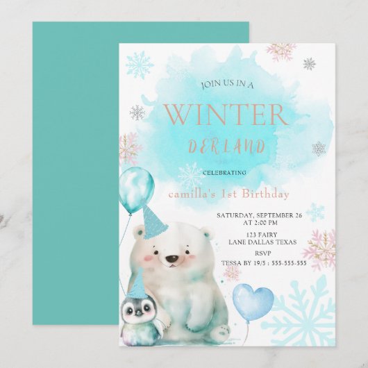 Winter Onederland 1e verjaardag uitnodiging (Voorkant / Achterkant)