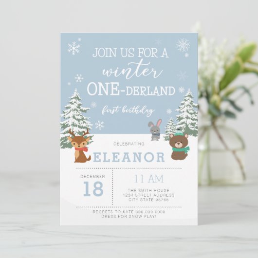 Winter Onederland 1e verjaardag Uitnodiging Dieren (Staand voorkant)