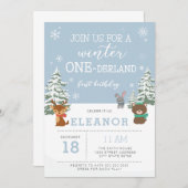 Winter Onederland 1e verjaardag Uitnodiging Dieren (Voorkant / Achterkant)