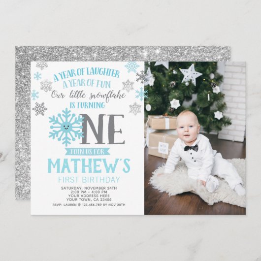 Winter Onederland 1e verjaardag Uitnodiging foto (Voorkant / Achterkant)