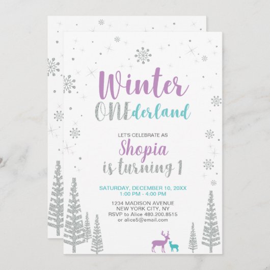 Winter Onederland 1e verjaardag uitnodiging - meis (Voorkant / Achterkant)
