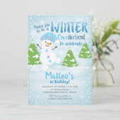 Winter Onederland 1e verjaardag Uitnodiging Snowma (Staand voorkant)