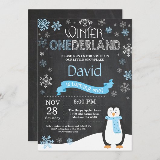 Winter Onederland 1e verjaardagsuitnodiging Kaart (Voorkant / Achterkant)