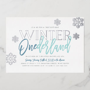 Winter ONEderland 1st Birthday Blue Silver Folie Uitnodiging