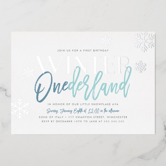 Winter ONEderland 1st Birthday Blue Silver Folie Uitnodiging (Voorkant)