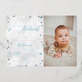 Winter ONEderland 1st Birthday foto Real Folie Uitnodiging (Voorkant)