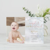 Winter ONEderland 1st Birthday Foto Roze en Gold Kaart (Staand voorkant)