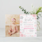 Winter ONEderland 1st Birthday Foto-uitnodigingen Kaart (Staand voorkant)