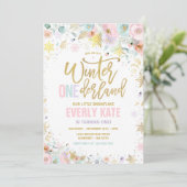 Winter ONEderland 1st Birthday Gold Lila Roze Kaart (Staand voorkant)