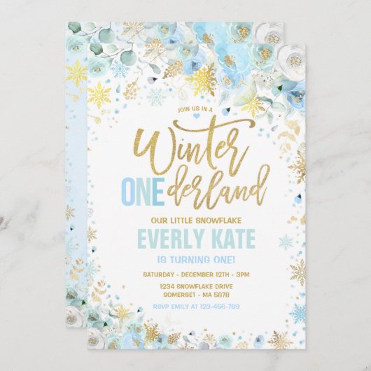 Winter ONEderland 1st Birthday Gold Mint Blue Kaart (Voorkant / Achterkant)
