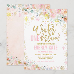 Winter ONEderland 1st Birthday Gold Pink Peach Kaart
