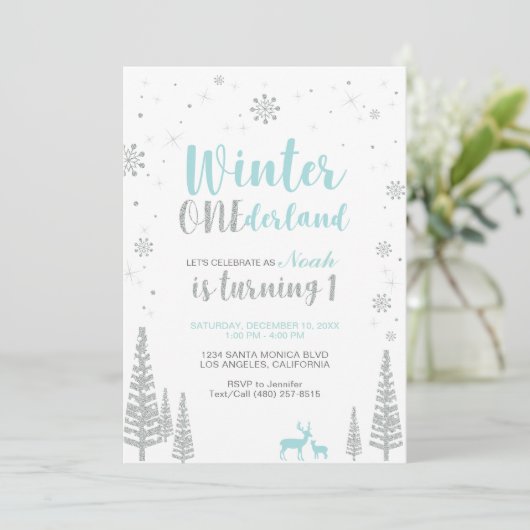 Winter Onederland 1st Birthday Invitation - Boy Kaart (Staand voorkant)