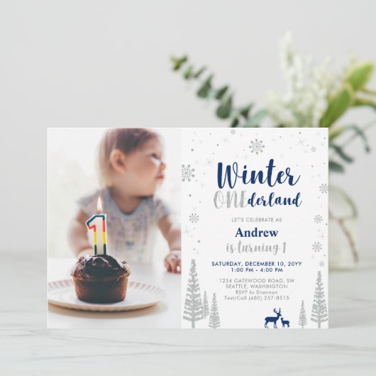Winter Onederland 1st Birthday Invitation - Boy Kaart (Staand voorkant)