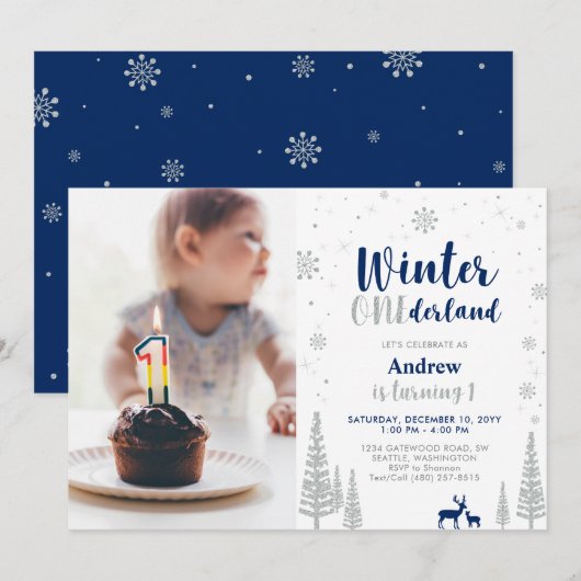 Winter Onederland 1st Birthday Invitation - Boy Kaart (Voorkant / Achterkant)