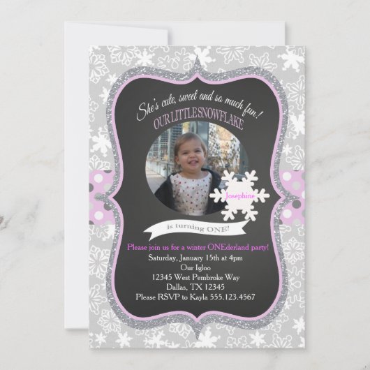Winter ONEderland 1st Birthday Invitation Girl Kaart (Voorkant)