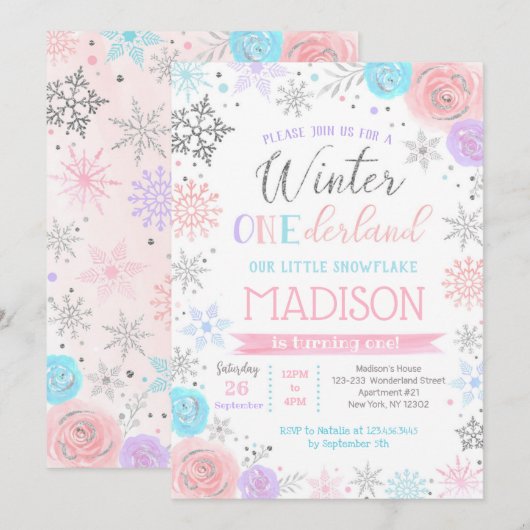Winter ONEderland 1st Birthday Party Invitations Kaart (Voorkant / Achterkant)