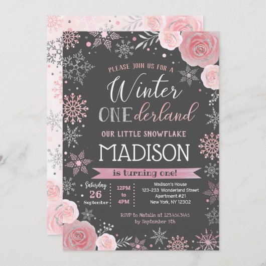Winter ONEderland 1st Birthday Party Invitations Kaart (Voorkant / Achterkant)