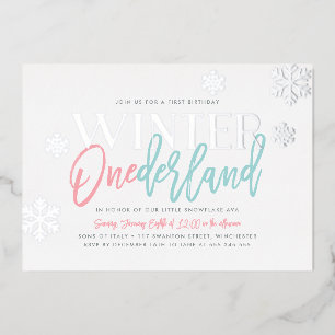 Winter ONEderland 1st Birthday Pink Blue Silver Folie Uitnodiging