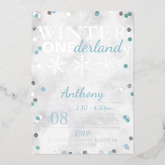 Winter ONEderland 1st Birthday Real Folie Uitnodiging (Voorkant)