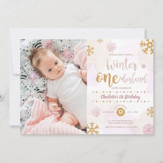 Winter Onederland 1st Birthday Roos Gold en Gold Kaart (Voorkant)