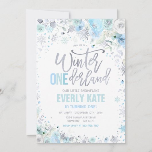 Winter ONEderland 1st Birthday Silver Blue Mint Kaart (Voorkant)
