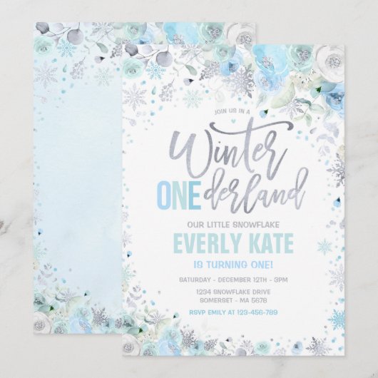 Winter ONEderland 1st Birthday Silver Blue Mint Kaart (Voorkant / Achterkant)