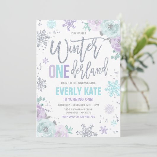 Winter ONEderland 1st Birthday Silver Lila Paars Kaart (Staand voorkant)