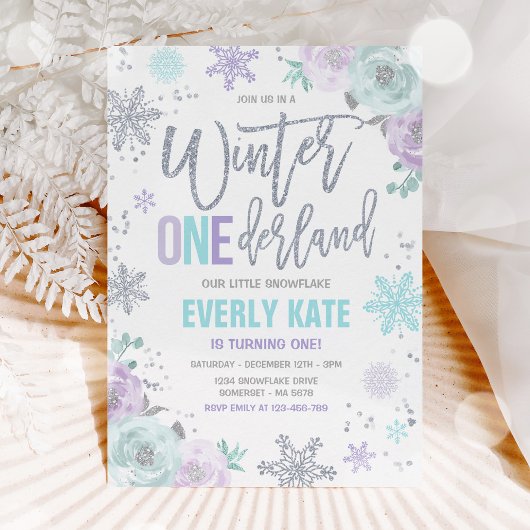 Winter ONEderland 1st Birthday Silver Lila Paars Kaart