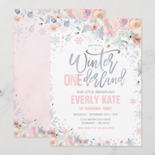 Winter ONEderland 1st Birthday Silver Pink Peach Kaart