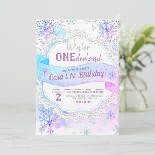 Winter ONEderland 1st Birthday Uitnodiging (Staand voorkant)