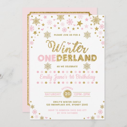 Winter ONEderland 1st verjaardag Partij Roze goud Kaart (Voorkant / Achterkant)