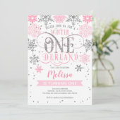 Winter Onederland 1ste verjaardag, roze zilver Kaart (Staand voorkant)