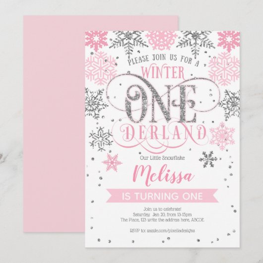 Winter Onederland 1ste verjaardag, roze zilver Kaart (Voorkant / Achterkant)