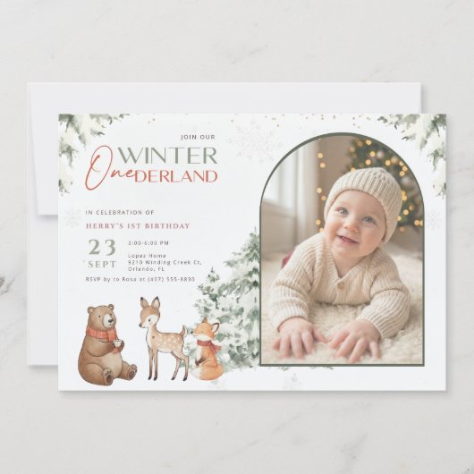 Winter Onederland Arch Photo Baby First Birthday Kaart (Voorkant)