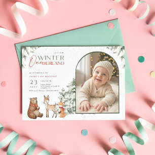 Winter Onederland Archiefoto Baby Eerste Verjaarda Kaart
