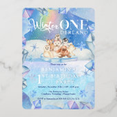 Winter ONEderland Arctic Animal 1st Birthday Party Folie Uitnodiging (Voorkant)