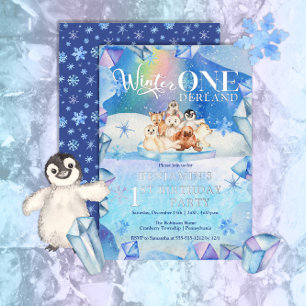 Winter ONEderland Arctic Animal 1st Birthday Party Folie Uitnodiging