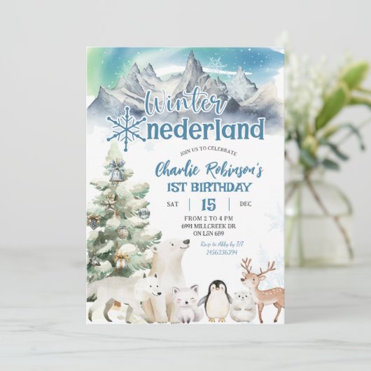 Winter Onederland Arctic Animal Boy First Birthday Kaart (Staand voorkant)